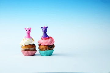 Unicorn cupcakes for a party, birthday or baby shower. bakery dessert concept