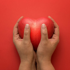 Female hands giving red heart on red background