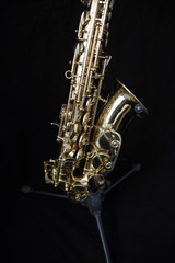 Close up of a golden saxophone