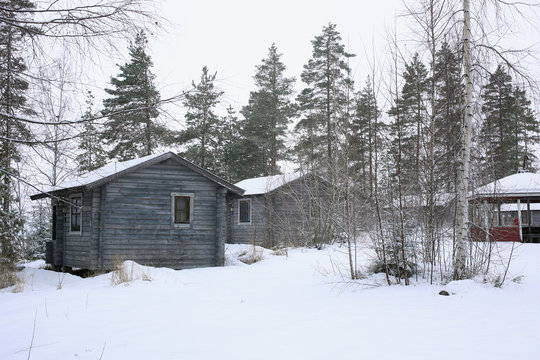 Chalets in winter forest with snow, a horizontal picture