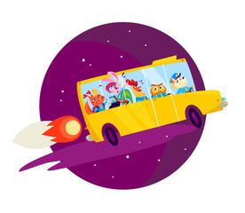 Vector flat back to school illustration with big yellow school bus flying  like rocket on dark blue sky isolated. Animal pupils on board. Stars. New knowledges idea banner.