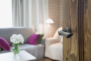 Opened wooden door to modern living room interior with chair, soft divan and bouqet of flowers on table.