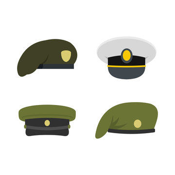 Military cap icon set, flat style