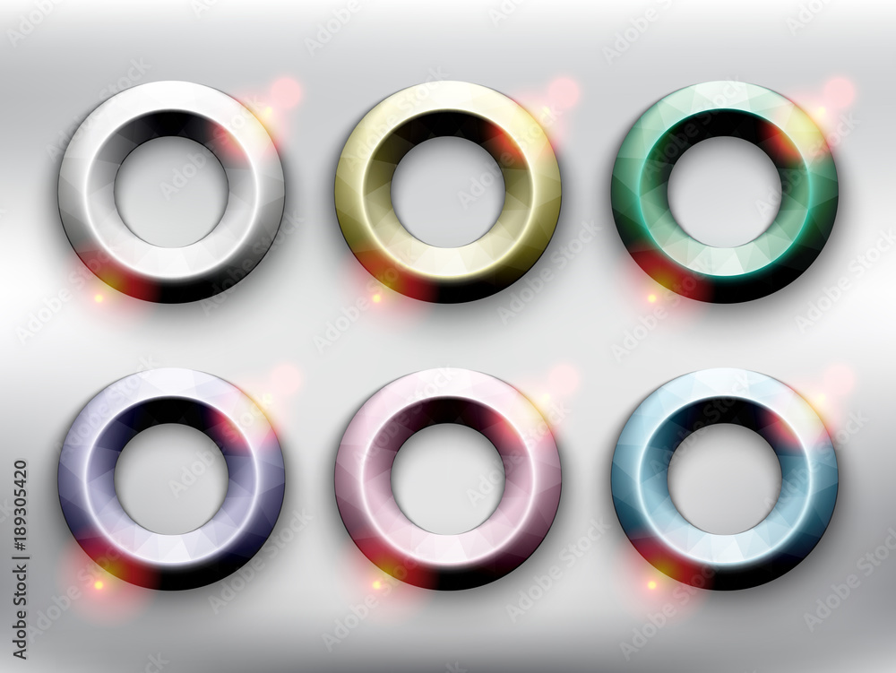 Wall mural abstract vector web buttons set of 6. low poly rings in 6 different pastel colors. isolated with rea