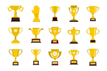 Gold cup icon set, flat style