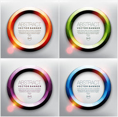 Abstract circle banner set of 4. Round frames in 4 different colors. Frames with shiny lights. Isolated on the light background. Each item contains space for own text. Vector illustration. Eps 10.