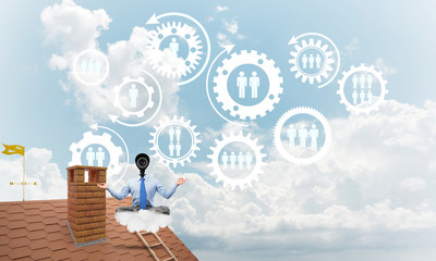 Concept of security and privacy protection with camera headed man meditating