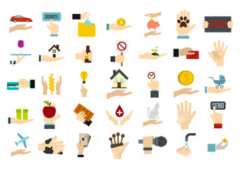 Object in hand icon set, flat style