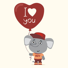 I love you! Funny elephant with balloon heart for Valentine Day. Greeting card for Valentine Day.