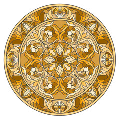 Illustration in stained glass style, round mirror image with floral ornaments and swirls,brown tone ,sepia 