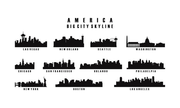 America Big City Skyline Silhouette Vector, USA City Skyline Silhouette Set Vector