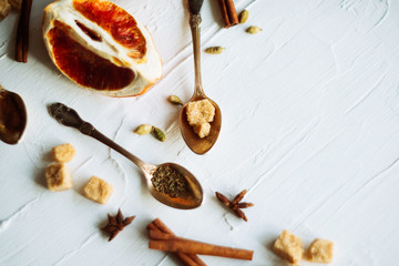 Celebrate new year winter evening with hot drink. Mulled wine or grog ingredients. White background...