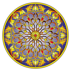 Illustration in stained glass style, round mirror image with floral ornaments and swirls on dark background 