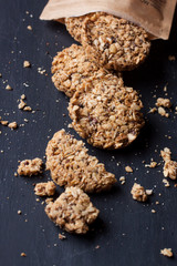 Homemade granola bar on a black background