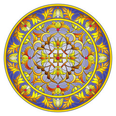 Illustration in stained glass style, round mirror image with floral ornaments and swirls on dark background 