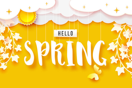 Hello spring banner. White paper clouds and twigs with leaves on bright yellow background. Cut out paper art. Sun, clouds on sky. Vector illustration