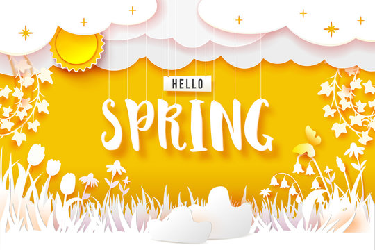 Spring flowering meadow. White flowers carved from white paper on a yellow background. Cut out of paper. Sun, clouds on sky and Hello text. Vector illustration banner