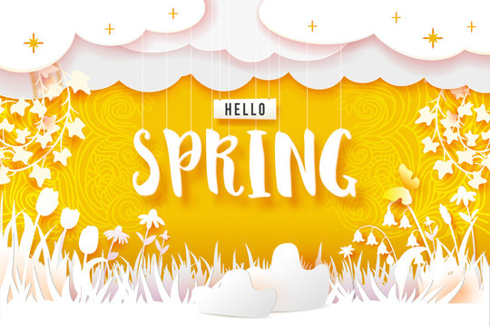 Spring flowering meadow. White flowers carved from white paper on a yellow background with han drawn doodle ornament. Cut out of paper. Hello Spring text. Vector illustration. Decorative season banner