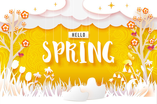 Spring flowering meadow and trees. White grass and flowers carved from white paper on a yellow background with abstract doodle ornament. Cut out of paper. Hello Spring text. Vector illustration