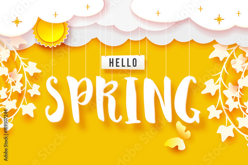 Hello Spring Banner White Paper Clouds And Twigs With Leaves On
