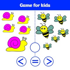 Education logic game for preschool kids. Choose the correct answer. More, less or equal Vector illustration. Animal pictures for kids