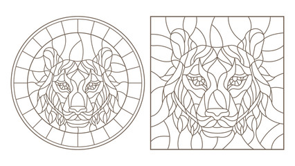 Set contour illustrations of stained glass with a tiger head, round and square image, dark contours on white background
