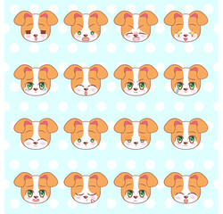 Emoticons, emoji, smiley set, colorful Sweet Kitty Little cute kawaii anime cartoon dog, puppy different emotions mascot sticker Happy, sad, angry, smile, kiss, love Children character vector. 