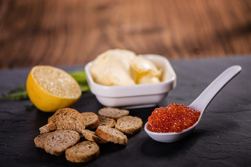 detail close up of red caviar fish egg salmon roe 