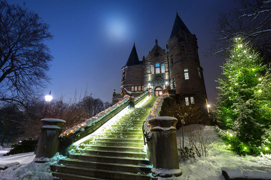 Teleborg Castle at snowy night in Vaxjo, Sweden