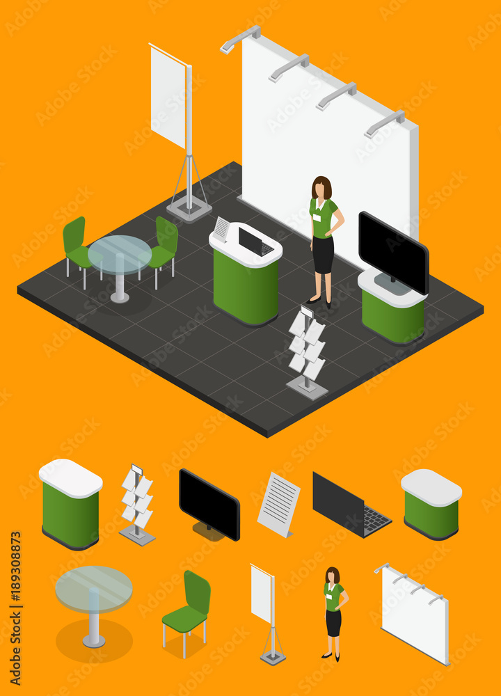 Poster exhibition show stand and elements part for presentation isometric view. vector