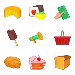 Delicatessen icons set, cartoon style