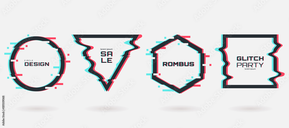Poster vector glitch frames set. geometric shapes with tv distortion effect. circle, triangle, rhombus and 