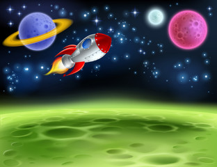 Tło kreskówka planety kosmicznej, rakieta i planety w nocy