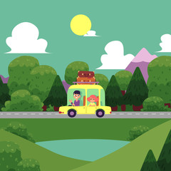 Fototapeta na wymiar vector flat cartoon camping scene, travelling road trip. funny passenger car with big bags fixed at its roof within trees, mountains, landscape. Isolated illustration on a white background.