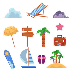 Vector flat summer beach elemetns, symbols set. Clouds, palms, island, flip flops, lounger, surf sun umbrella sailing ship star pointer and suitcase with stamps. Isolated illustration white background
