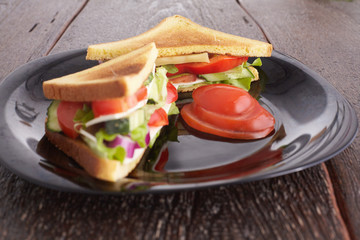 Healthy sandwiches with soft cheese and raw spring vegetables on crisp rye bread