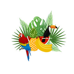 Tropical background with toucan, parrot and fruits. Summer vector illustration design. Tropical leaves background. Exotic background poster © blossomstar