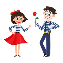 vector flat cartoon man mime clown in blue and white striped pullover, beret giving rpse to parisian woman in long skirt, red beret. France culture concept Isolated illustration on a white background.