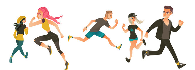 Set of frightened, scared people, men and women, running away in fear and panic, flat cartoon vector illustration isolated on white background. Scared young people running away from something