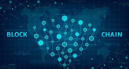 Fototapeta premium Abstract Blockchain concept Web Banner. Modern Concept of Digital Technology in the Shape of Block Chain with Binary Code Cells. Vector Illustration with Network Circuit.