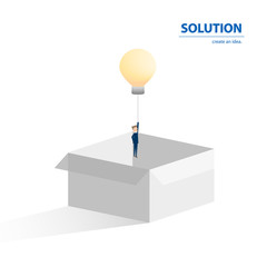 Think outside the box, businessman having unique creative idea for solution. Businessman flying with lightbulb. Vector illustration.