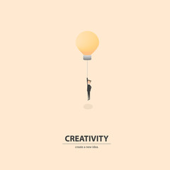 Think outside business concept, businessman having unique creative idea for solution. Businessman flying with light bulb. Vector illustration.