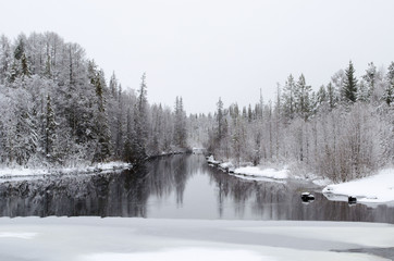 Snowy winter landscape river reflection