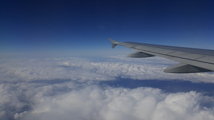 Fototapeta na wymiar airplane, sky, wing, plane, travel, air, clouds, blue, view, high