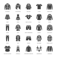 Clothing, fasion flat glyph icons. Mens, womens apparel - dress, down jacket, jeans, underwear, sweatshirt. Silhouette signs for clothes and accessories store. Pixel perfect 64x64.