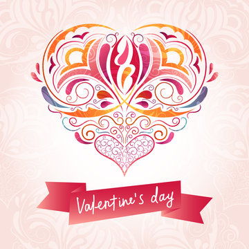 Red heart with ornament and red ribbon with "Valentine's day" text. Greeting card with floral heart on light pink background