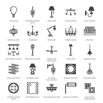 Light fixture, lamps flat glyph icons. Home and outdoor lighting equipment - chandelier, wall sconce, bulb, power socket. Vector illustration, signs for electric, interior store. Pixel perfect 64x64.