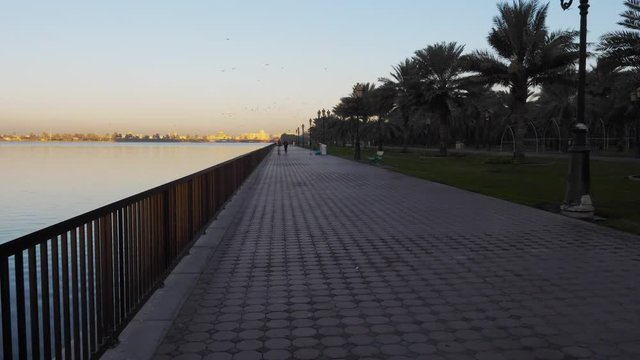 Sun shines down on Sharjah downtown, windows of skyscrapers glowing in the sunlight. Emirates skyline, tall skyscrapers glows. Khalid lake in Sharjah city. With sound of birds.