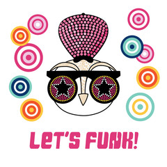 Hand drawn vector portrait of a cute funny cartoon owl in funky hat and glasses, with typography. Isolated objects. Vector illustration. Design concept for children.