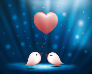 Birds with balloon heart. Valentine's day blue background